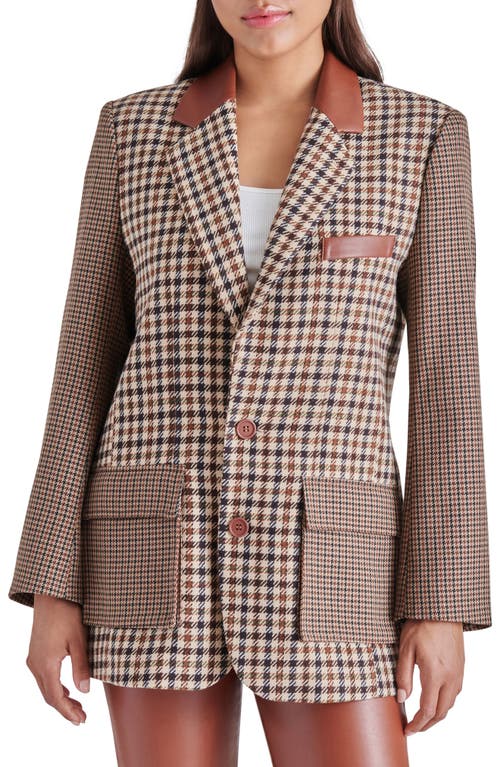 Carolina Houndstooth Check Faux Leather Trim Blazer in Brown Plaid