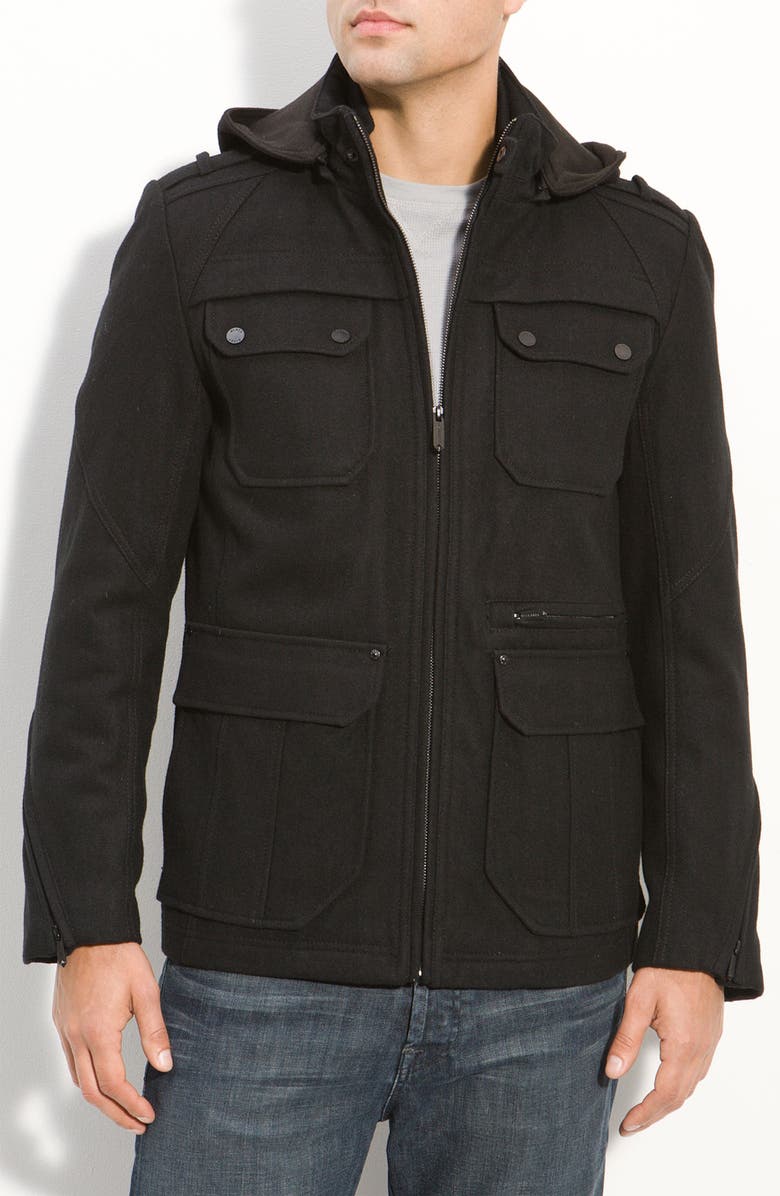 Black Rivet Wool Coat with Removable Hood | Nordstrom
