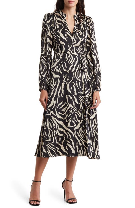 Wrap Long Sleeve Satin Midi Dress