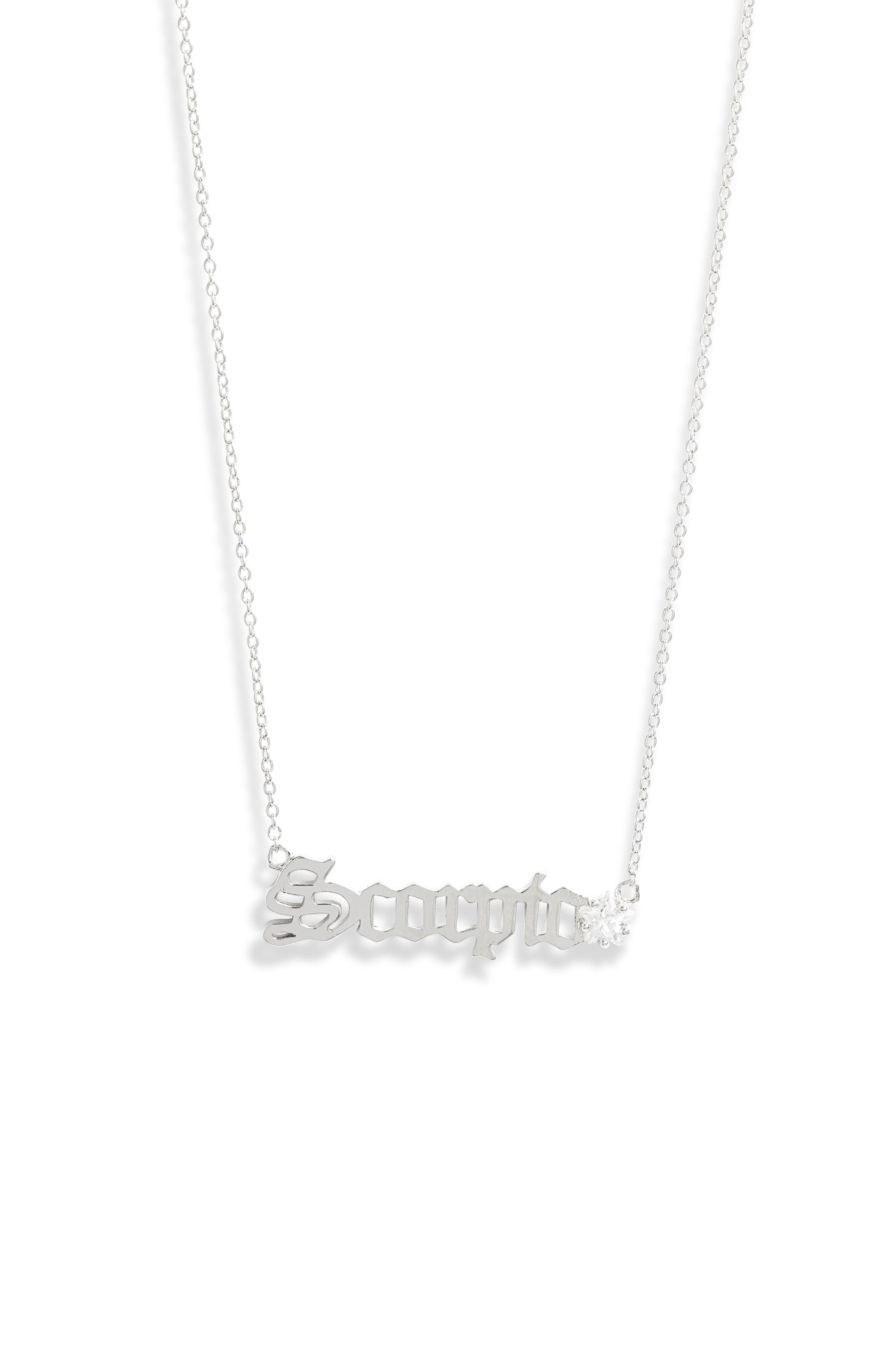 Melinda Maria Zodiac Script Pendant Necklace In Silver- Scorpio