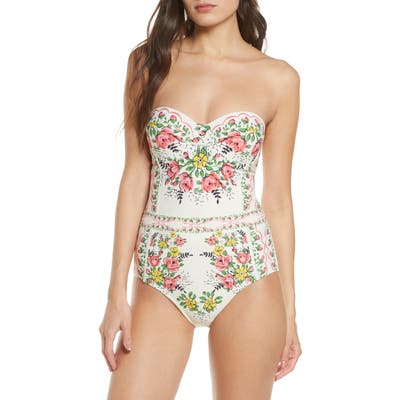 Tory Burch Floral Print Strapless Underwire One-Piece Swimsuit, Ivory
