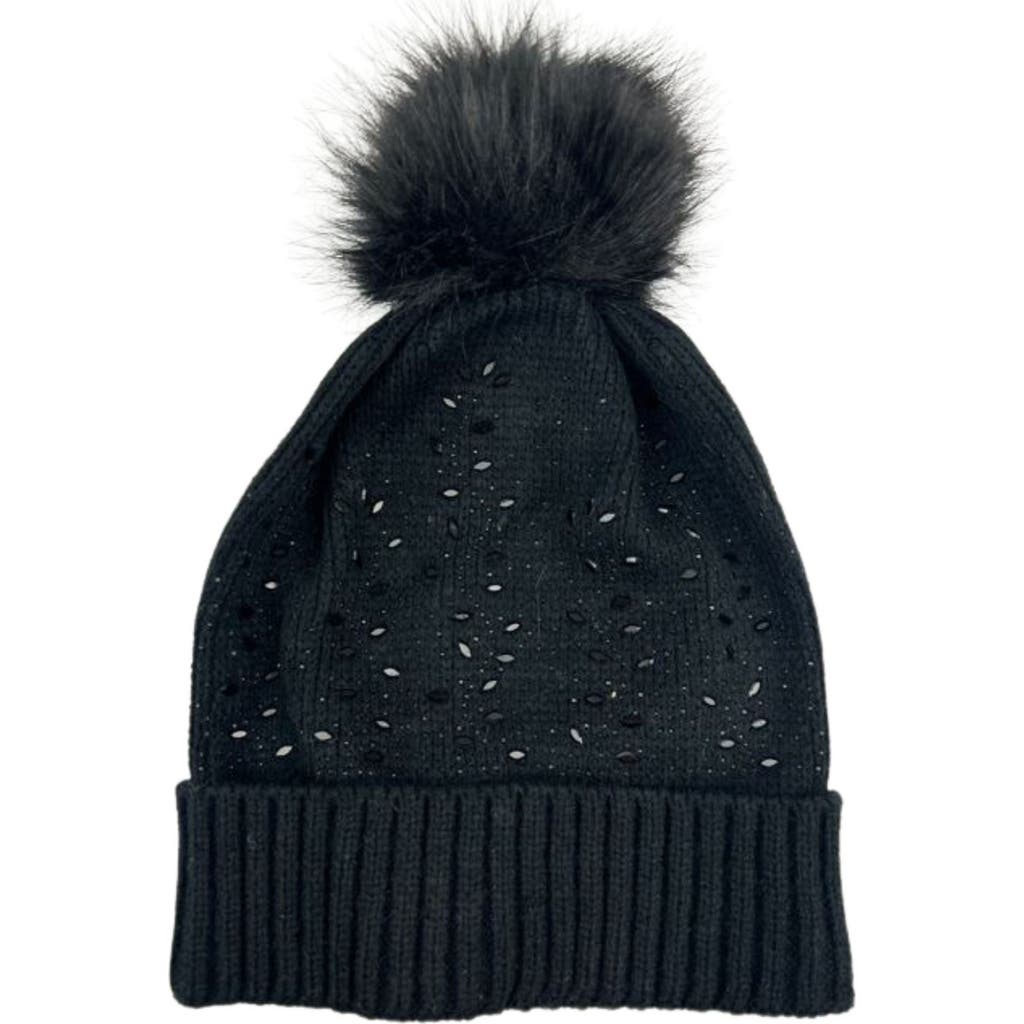 Marcus Adler Crystal Embellished Faux Fur Pompom Beanie In Black