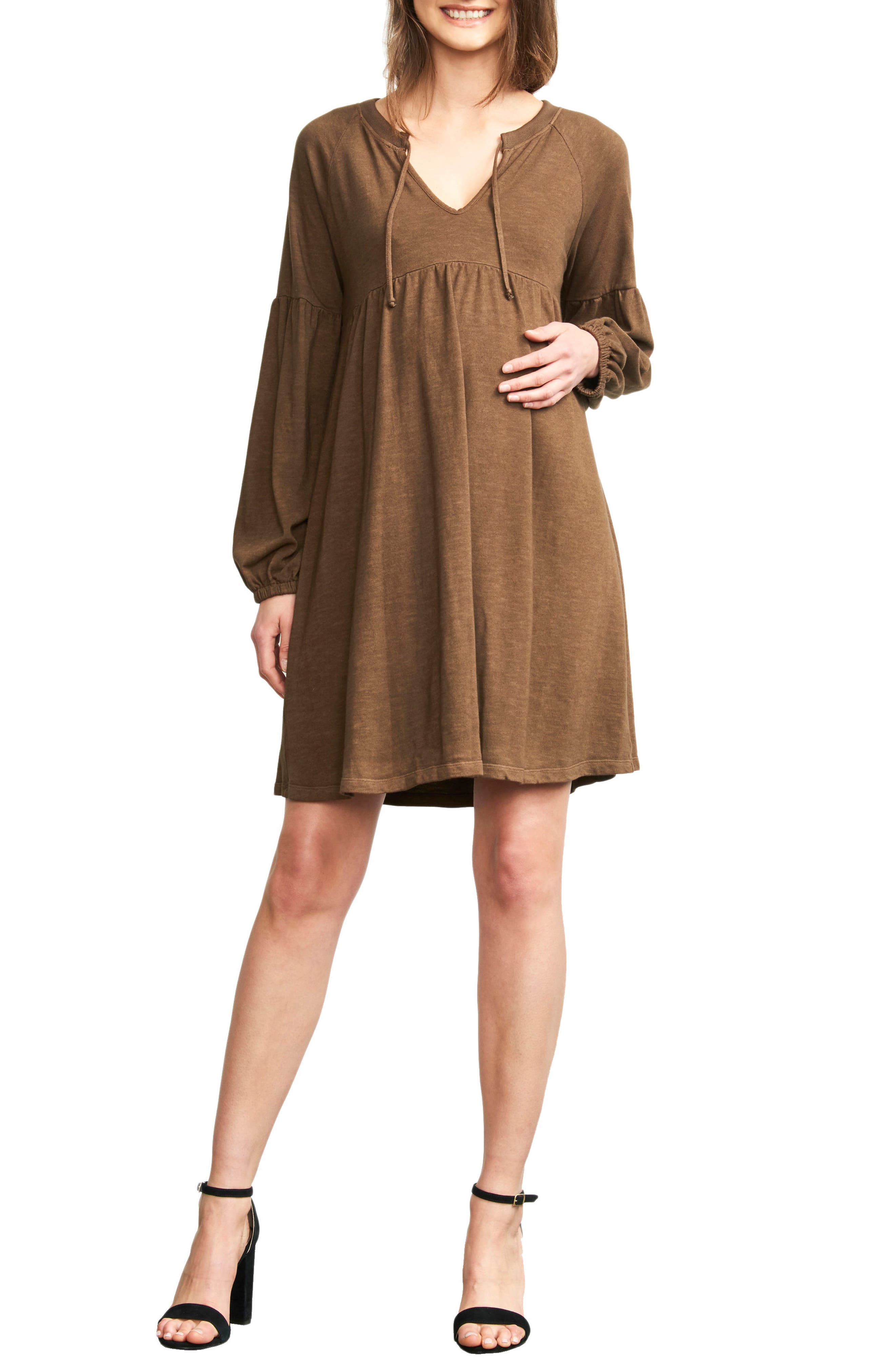 Maternal America Drawstring Neck Maternity Dress, Brown