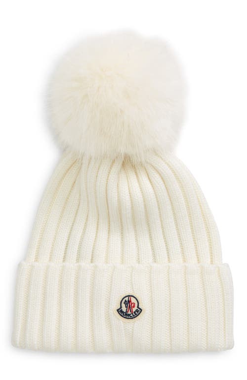 Moncler Wool Rib Beanie with Faux Fur Pompom in Natural
