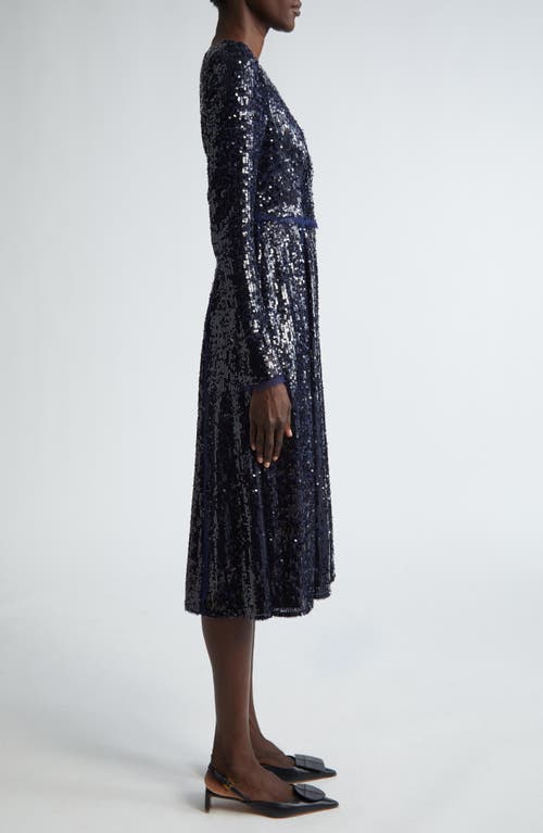 Shop Erdem Sequin Long Sleeve Midi Cocktail Dress In Navy