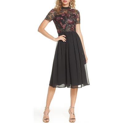 Chi Chi London Tashy Embroidered Chiffon A-Line Dress, Black