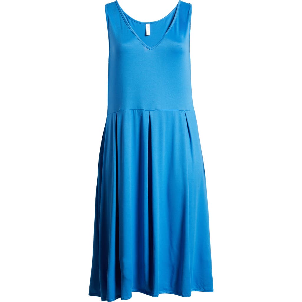 24seven Comfort Apparel Women's Fit And Flare Midi Sleeveless Dress With Pocket Detail In Blue