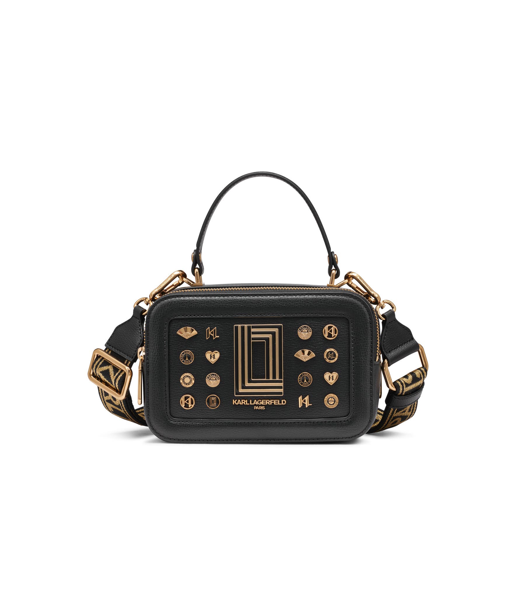 KARL LAGERFELD PARIS Simone Camera Crossbody in Black/gold 