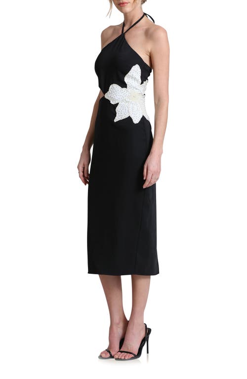 Shop Avec Les Filles Floral Appliqué Cutout Halter Midi Dress In Black/white