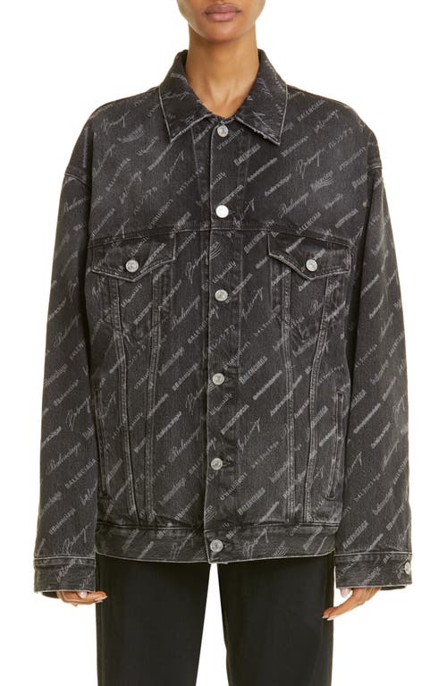 Size 2 Balenciaga All-Over Logo Oversized Denim Jacket 'Black'