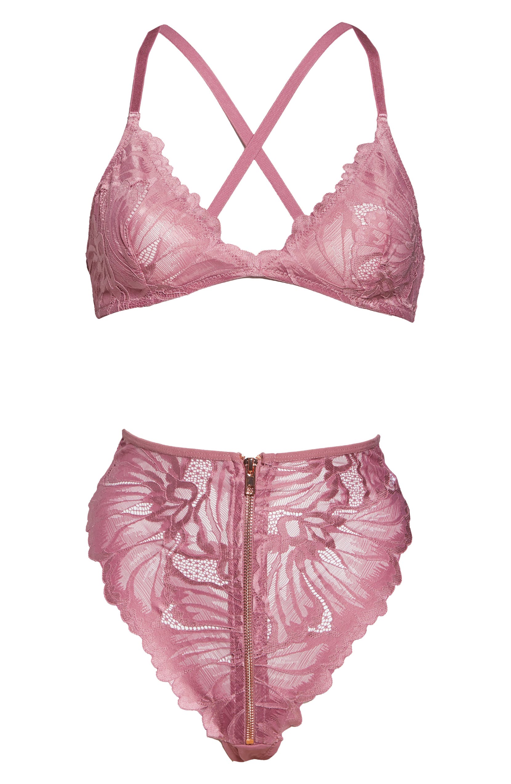 OH LA LA CHERI Floral Lace Bralette & High Waist Panties Set, Alternate, color, HEATHER ROSE