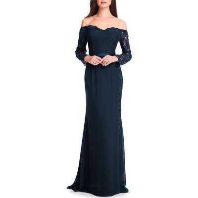 #levkoff Off The Shoulder Three-Quarter Sleeve Gown, Blue