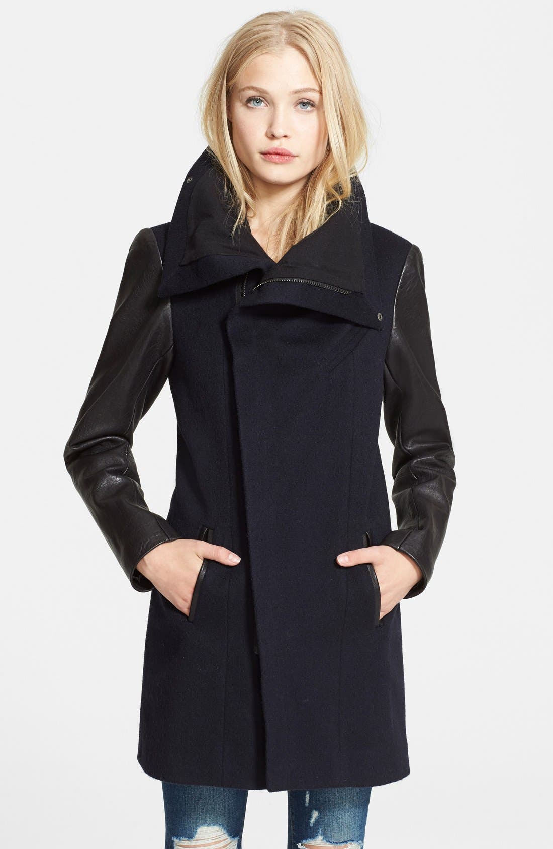 Veda 'Gold' Leather Sleeve Wool Coat Nordstrom