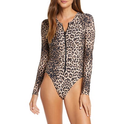 Veronica Beard Dune Long Sleeve One-Piece Swimsuit, Beige