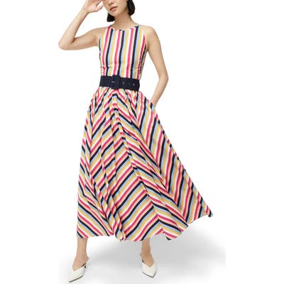 J.crew Rainbow Stripe High Neck Belted Cotton Poplin Dress, Pink