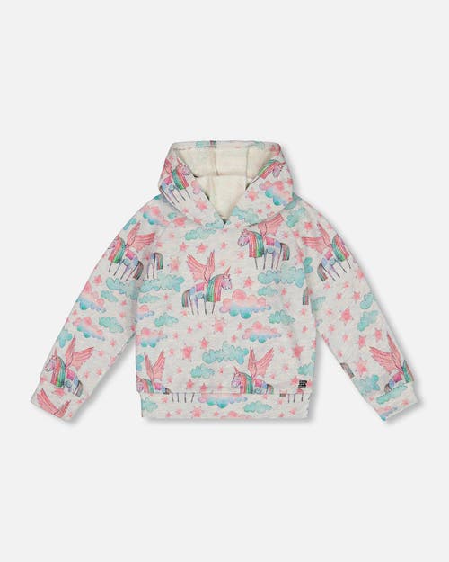 Shop Deux Par Deux Girl's Printed Shiny French Terry Hoodie Gray Mix Printed Unicorn In Printed Angel Unicorns