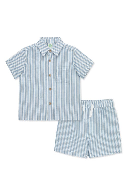 Little Me Stripe Short Sleeve Button-up Shirt & Shorts Set In Blue