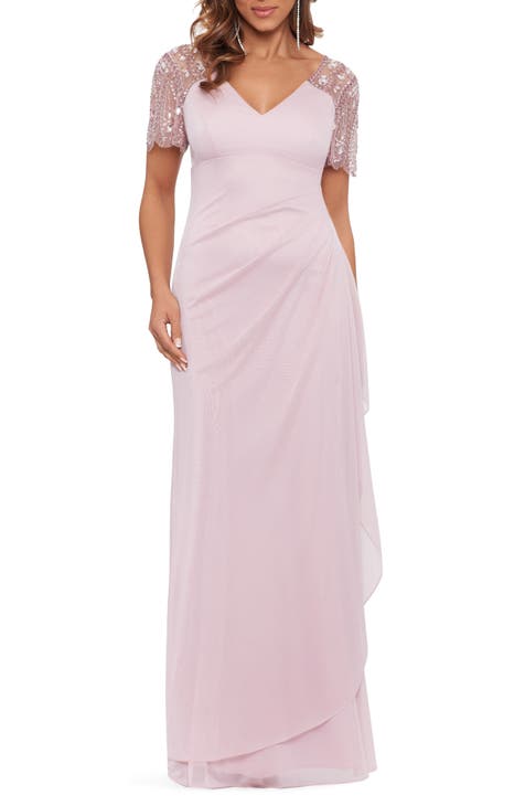 Xscape Beaded Sleeve Ruched Column Gown