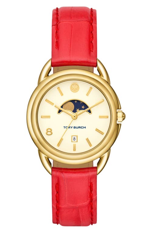 Tory Burch The Miller Moon Phase Leather Strap Watch, 34mm in Red at Nordstrom, Size 34 Mm