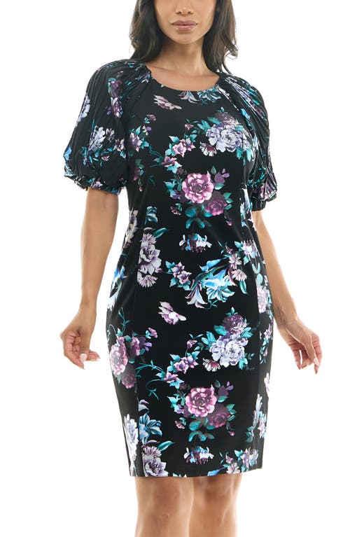 Shop Nina Leonard Floral Puff Sleeve Dress In Black/lavender Multi