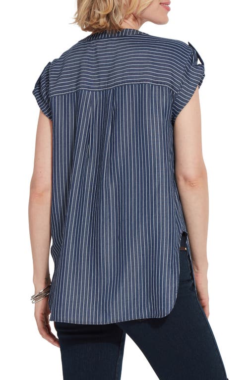 Shop Lyssé Delilah Pinstripe Popover Twill Top In Indigo Ledger Stripe