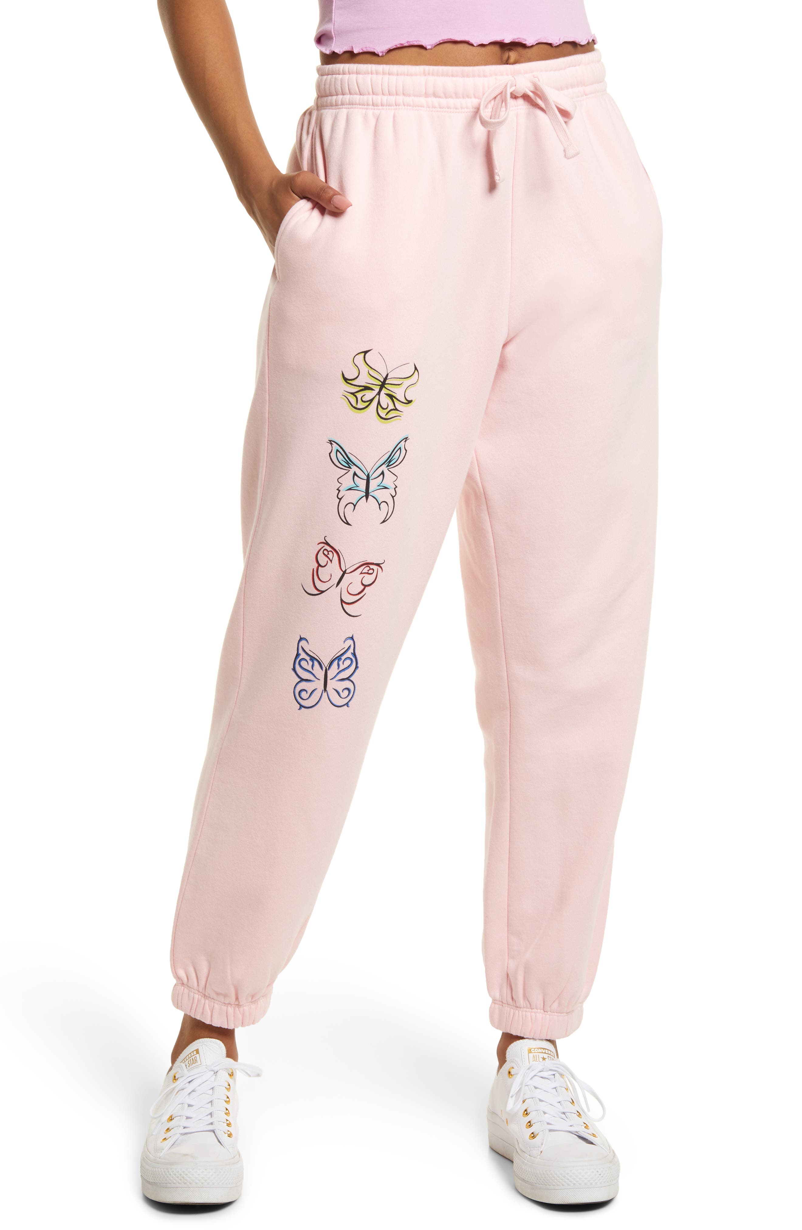 pink sweatshirt and joggers