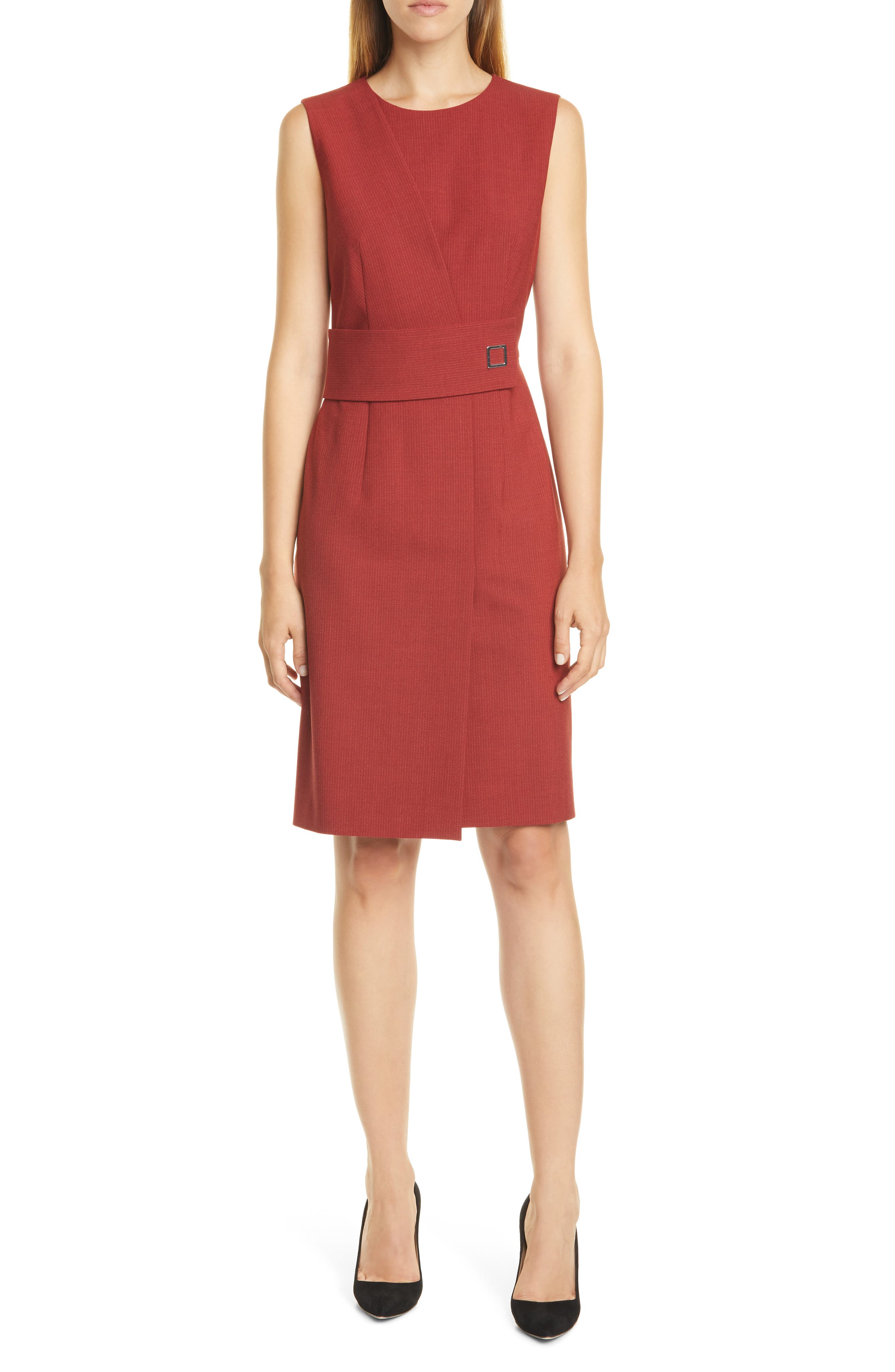 red pinstripe dress