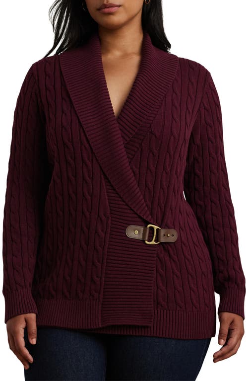 Shop Lauren Ralph Lauren Cotton Cable Shawl Collar Cardigan In Pinot Noir