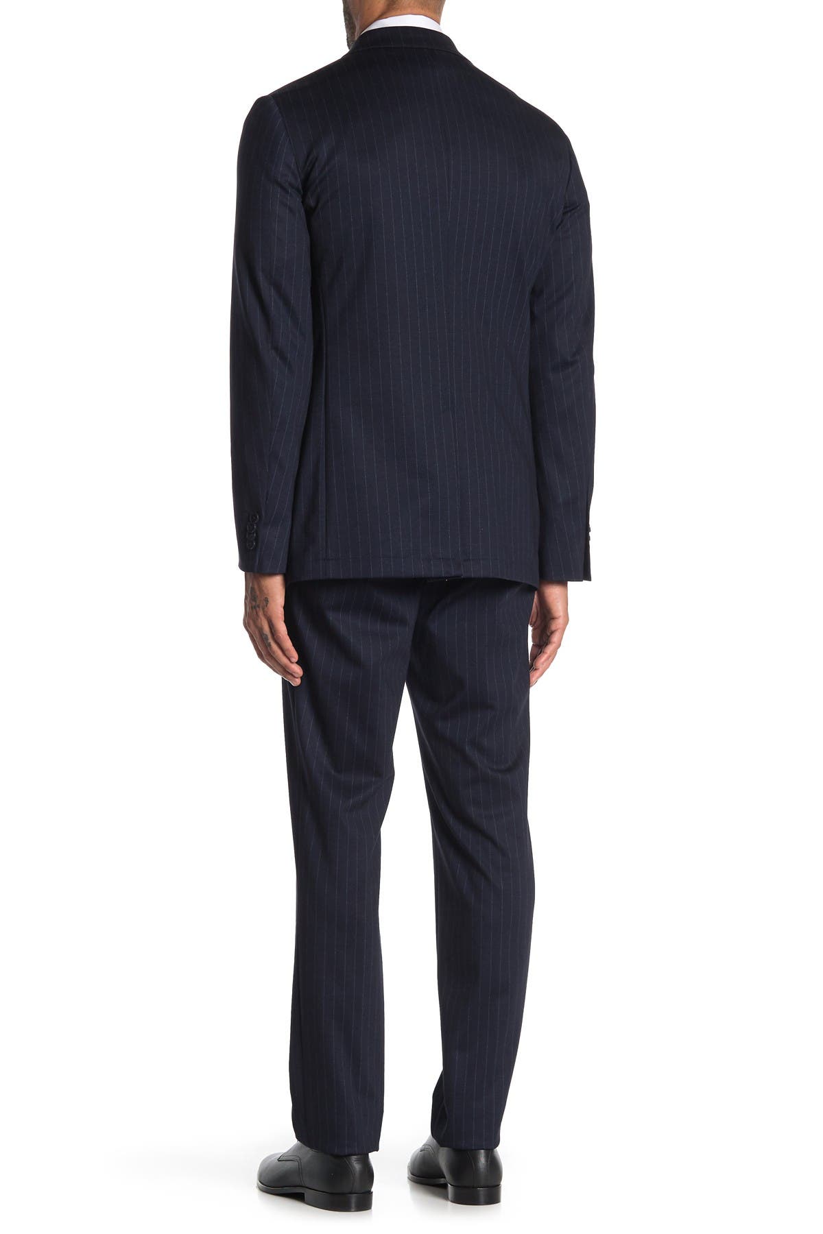 SAVILE ROW CO Navy Pinstripe Two Button Notch Lapel Knit Trim Fit