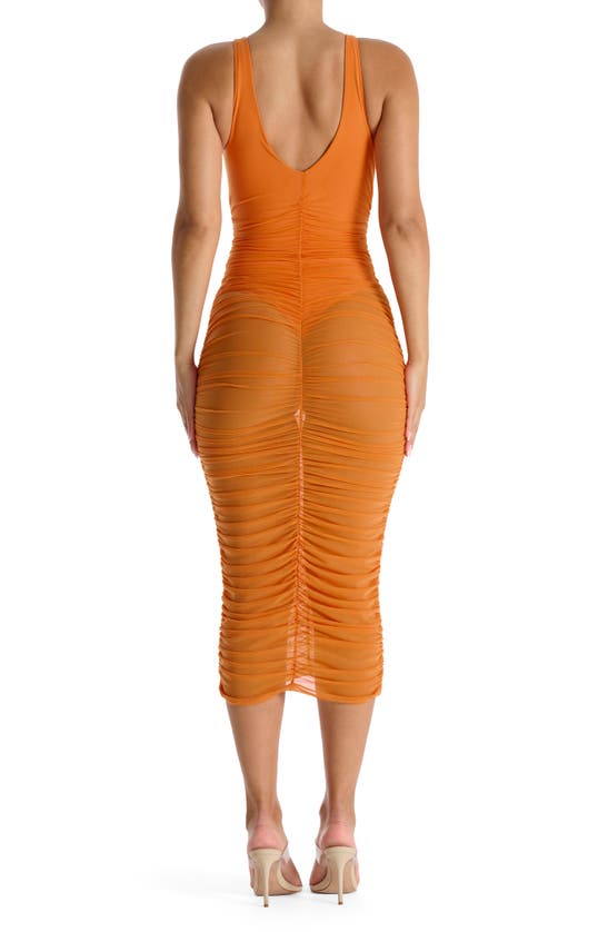 Shop N By Naked Wardrobe Naked Wardrobe Power Mesh Ruched Midi Dress In Deep Orange