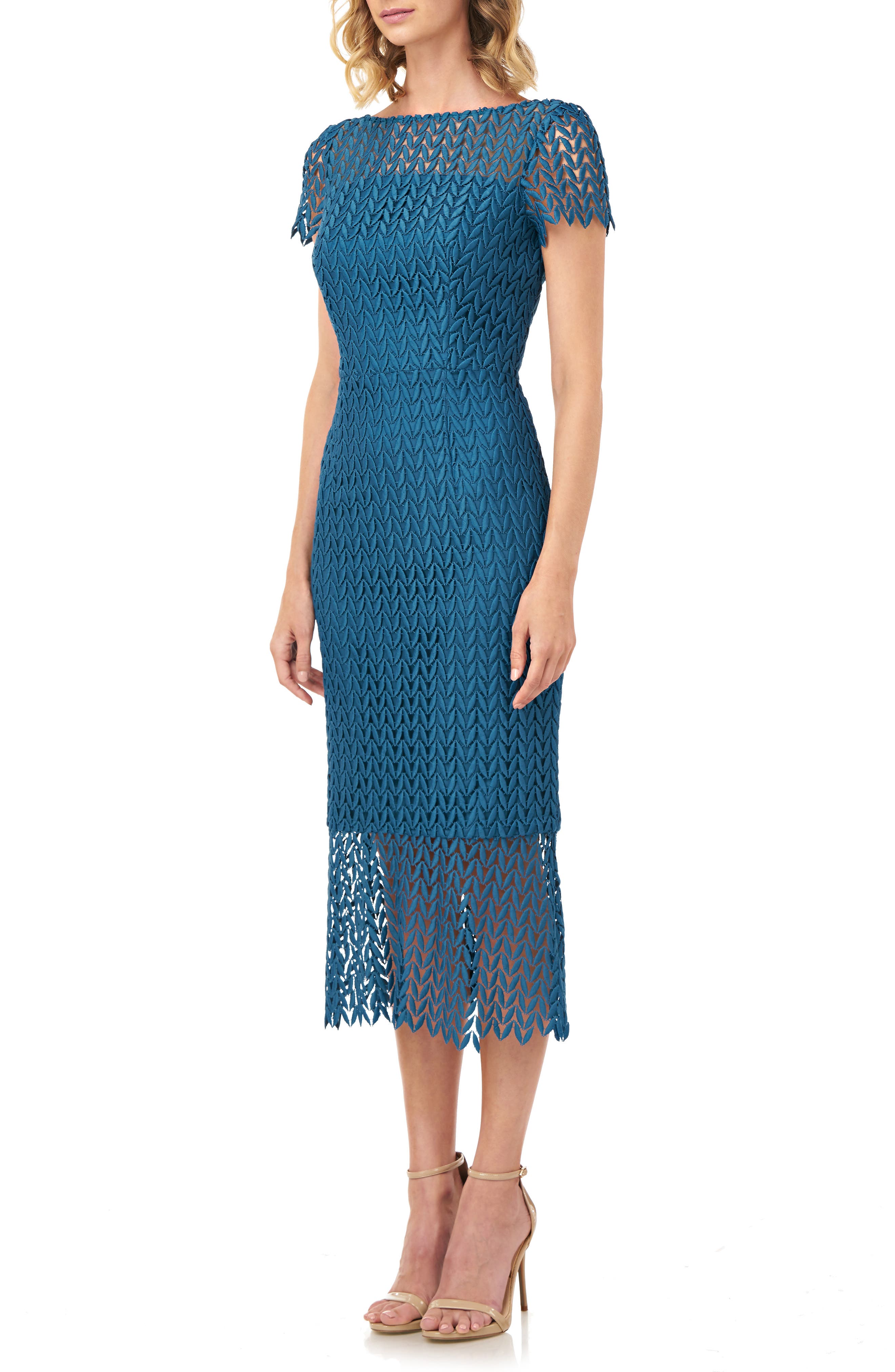 kay unger fishnet lace sheath dress