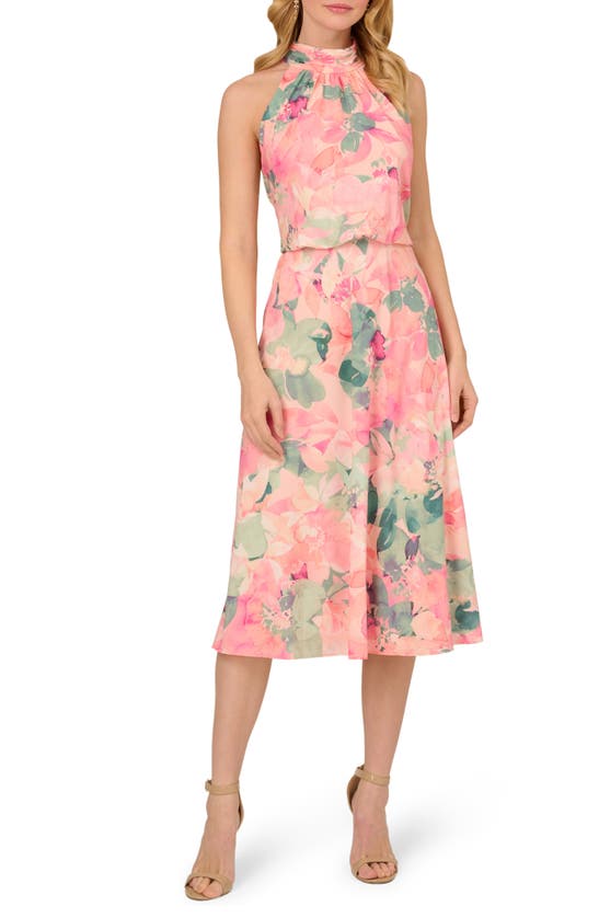 Adrianna Papell Floral Mock Neck Midi Dress In Blush Multi