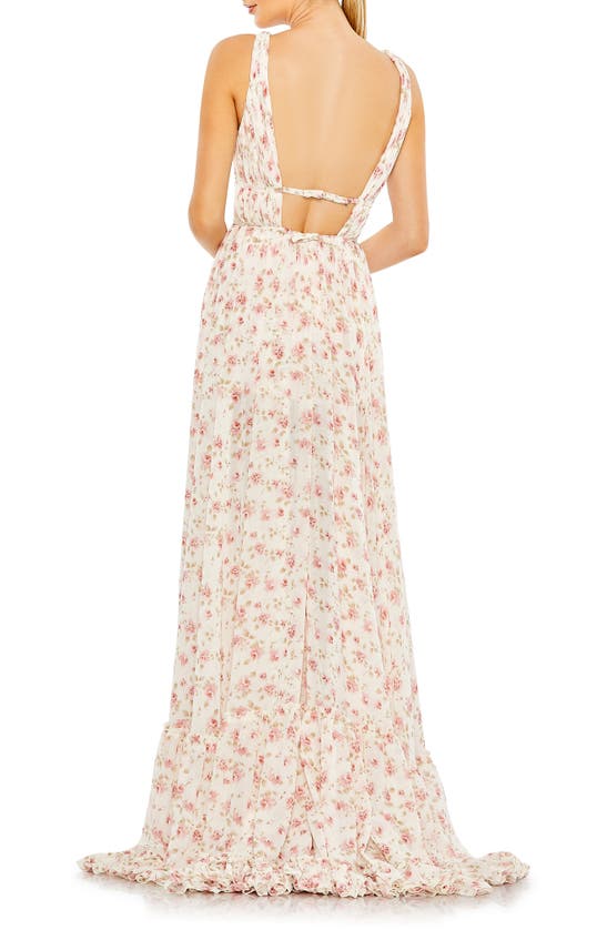 Shop Mac Duggal Floral Print Sleeveless Ruffle Gown In Pink Multi