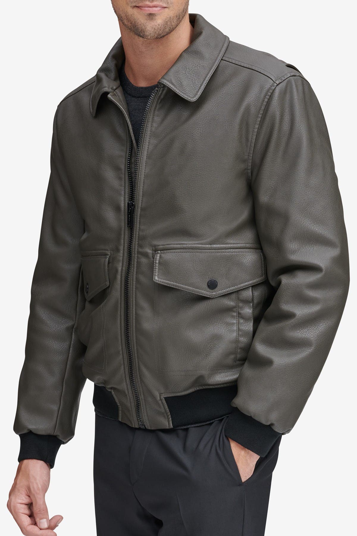 Andrew Marc Westerly Faux Leather Bomber Jacket In Military