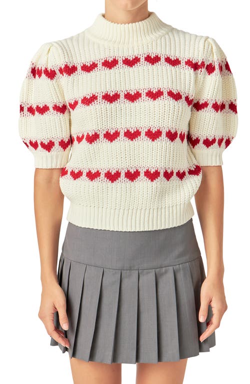 English Factory Heart Stripe Elbow Sleeve Sweater In White/red