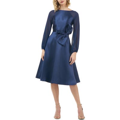 Kay Unger Jade Bow Waist Long Sleeve Cocktail Dress, Blue