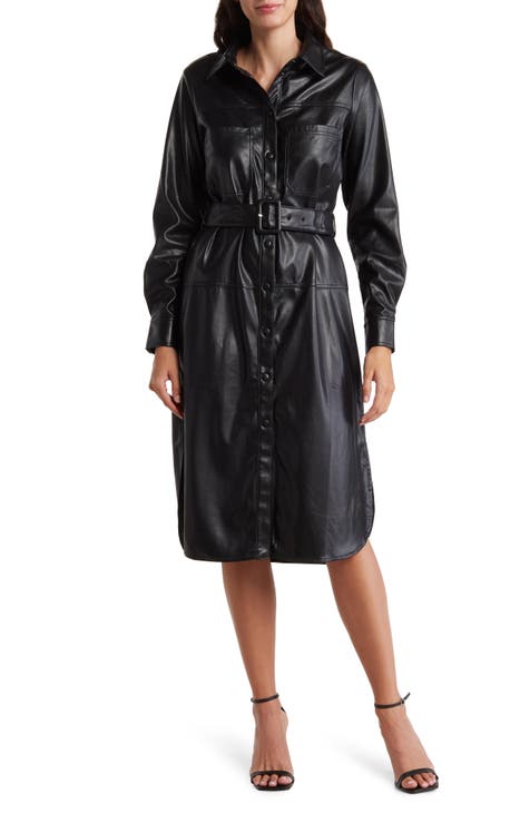Long Sleeve Faux Leather Shirtdress