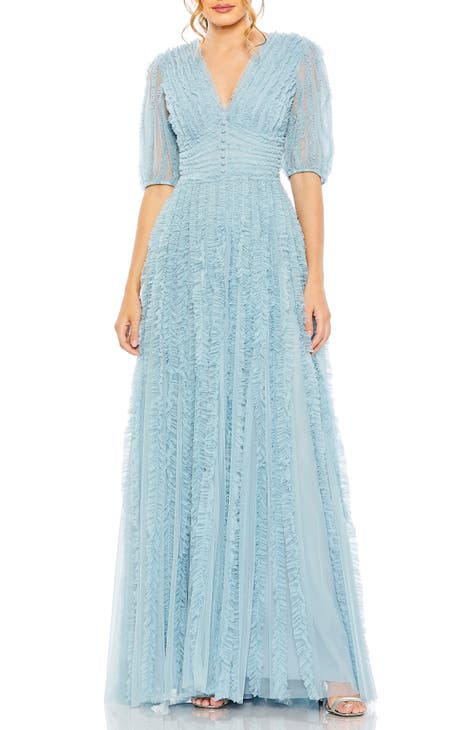Ruffle Puff Sleeve A-Line Gown