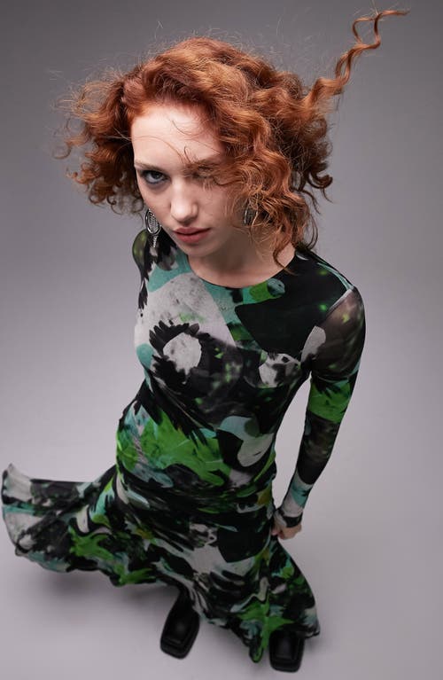Topshop Abstract Print Long Sleeve Mesh Maxi Dress in Mid Green