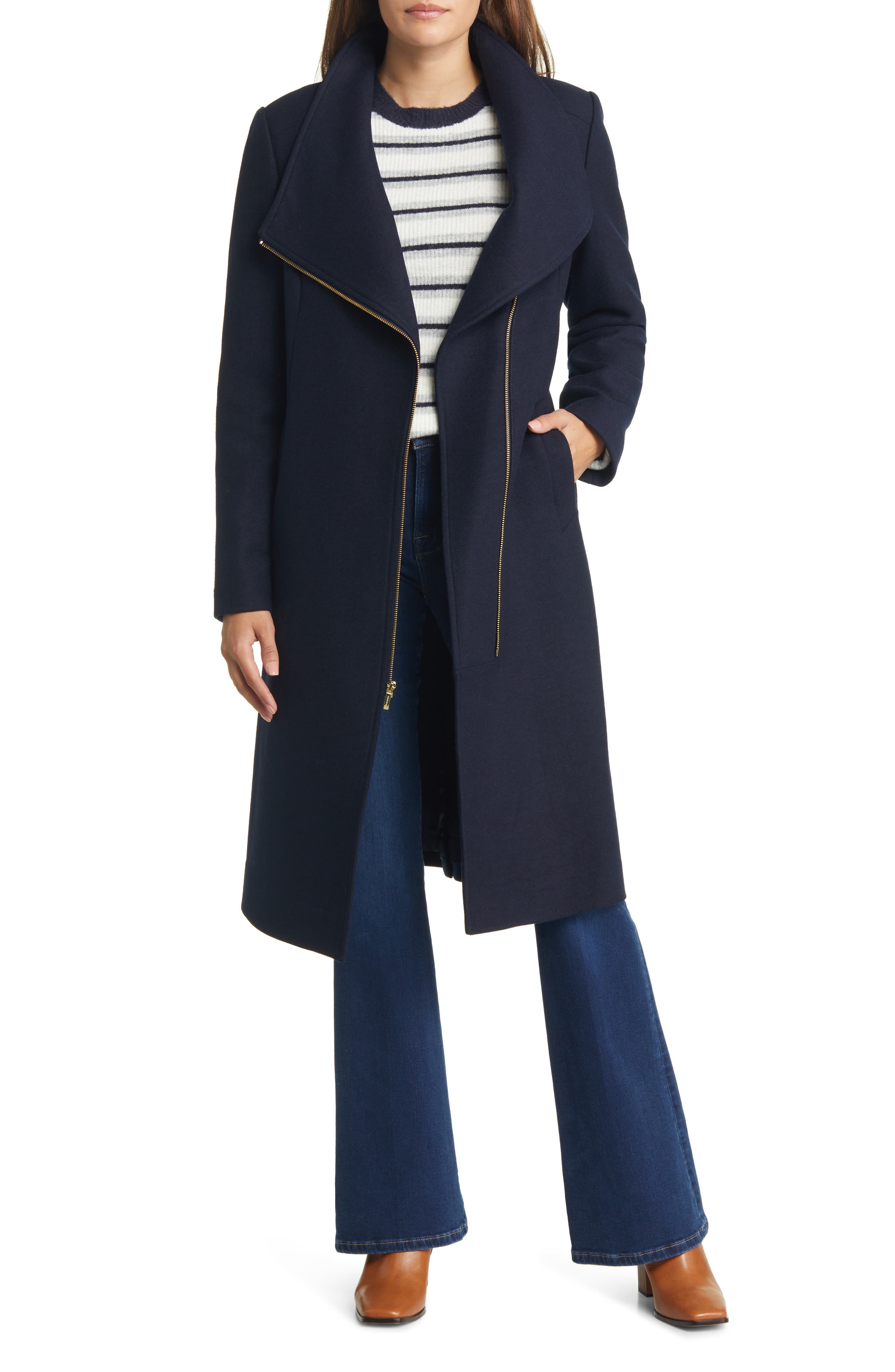 Max Mara Wool Belted Long Coat in Navy Blue - Save 26% Womens Coats Max Mara Coats 