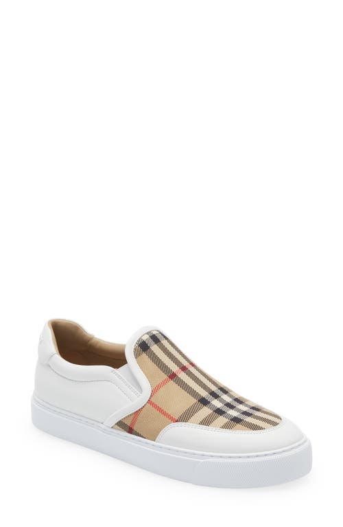 burberry New Salmond Check Slip-On Sneaker in White/Archive Beige