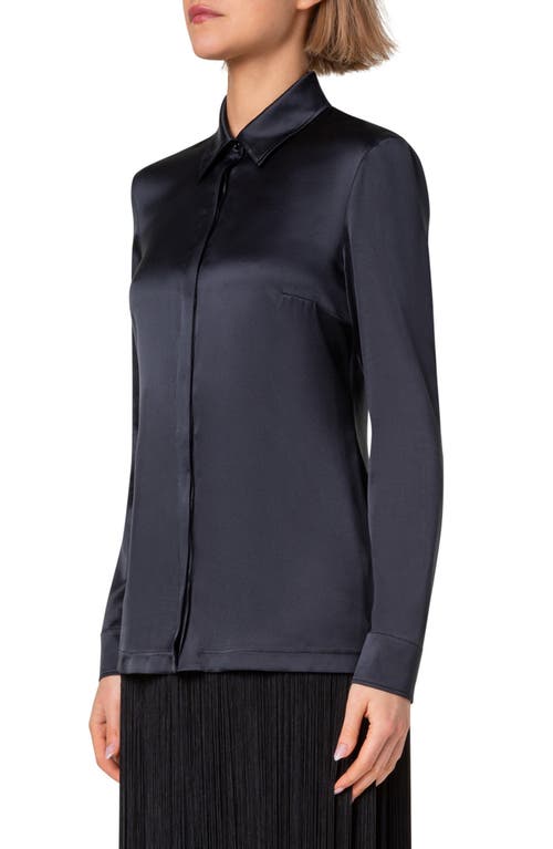 Akris Silk Stretch Satin Button-up Shirt In Black