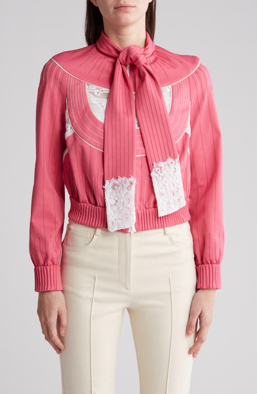 Shop Valentino Lace Detail Scarf Collar Bomber Jacket In Shadow Pink/bianco