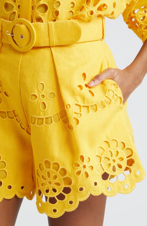 Shop Zimmermann Pop Belted Embroidered Eyelet Linen Shorts In Mango