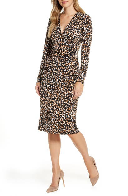 Leota Scarlett Long Sleeve Faux Wrap Dress In Leopard | ModeSens