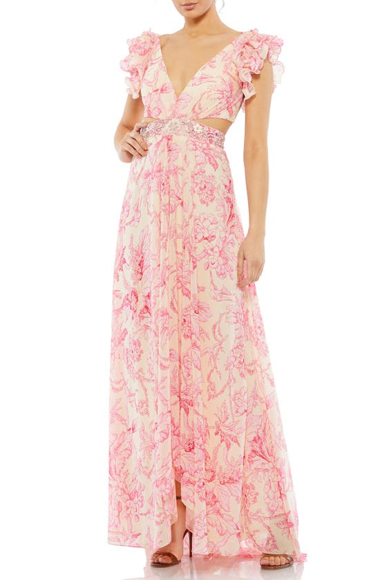 Mac Duggal Floral Print Cutout Chiffon Gown In Pink Multi | ModeSens