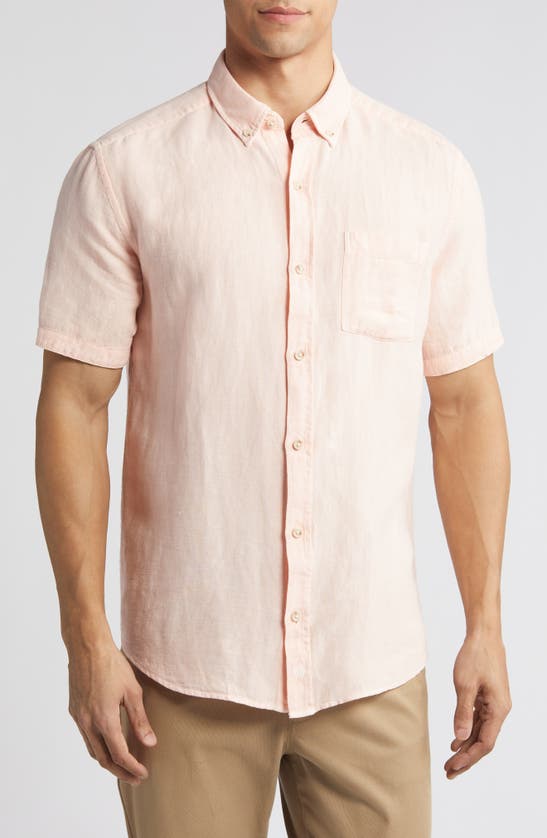 Shop Johnston & Murphy Antique Dyed Linen Blend Short Sleeve Button-down Shirt In Melon