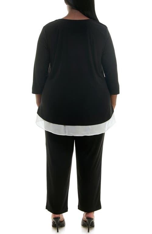 Shop Nina Leonard V-neck Tulip Top & Slim Leg Pants Set In Black/ivory/black