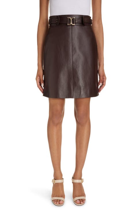 Marcie Buckle Belted Leather A-Line Miniskirt