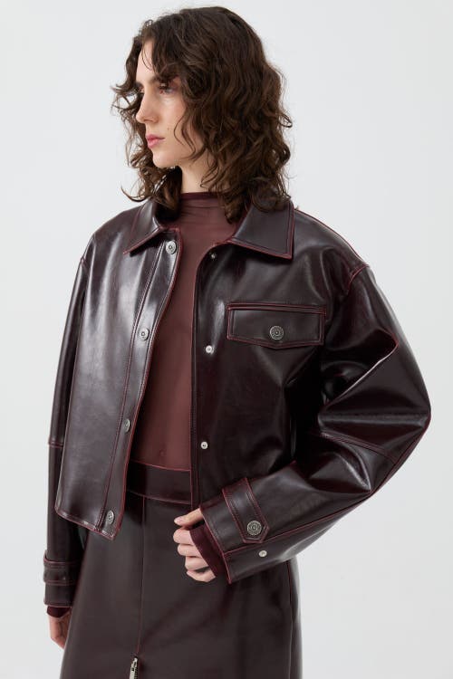 Shop Nocturne Faux Leather Cropped Jacket In Burgundy